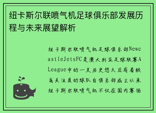 纽卡斯尔联喷气机足球俱乐部发展历程与未来展望解析